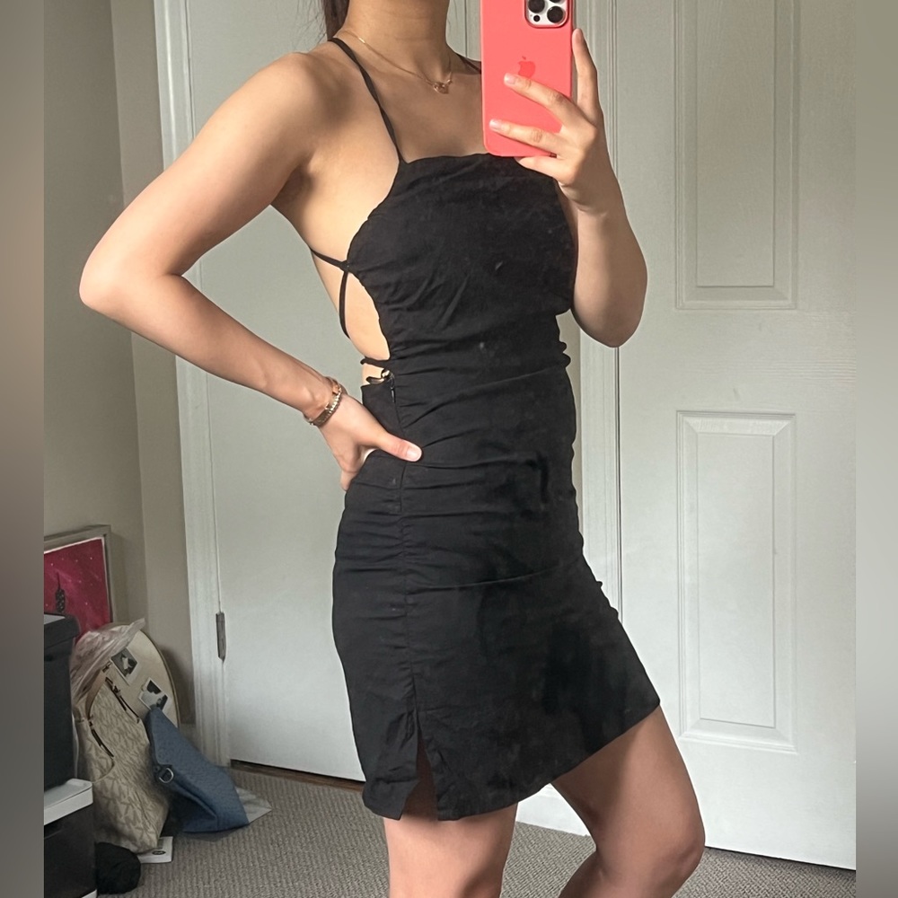 Mini backless black dress - linen blend feel